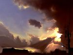  airplane bird building chaostarou cloud highres lens_flare no_humans original power_lines realistic scenery sky sun 