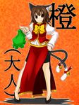  alternate_costume animal_ears bell bike_shorts brown_eyes brown_hair cat_ears cat_tail character_name chen earrings hand_on_hip hat hat_removed headwear_removed holding holding_hat jewelry multiple_tails netachou older short_hair side_slit single_earring solo tail tail_bell teenage touhou 