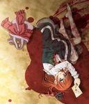  bag barefoot blood blue_eyes blush child corset crown dress feet gothic_lolita handbag highres konoe_(fogtracks) legs letter lolita_fashion lying on_side orange_hair ribbon see-through smile solo stain umineko_no_naku_koro_ni ushiromiya_maria 