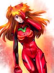  bangs blue_eyes bodysuit bracer breasts clenched_hand covering_one_eye cowboy_shot dutch_angle gloves grin hair_ornament long_hair looking_at_viewer neon_genesis_evangelion number orange_hair pilot_suit plugsuit ririclub sketch skinny small_breasts smile solo souryuu_asuka_langley thigh_gap turtleneck 