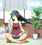  barefoot blinds blue_eyes blue_hair drink drinking_straw feet glass headphones indian_style indoors long_hair ogawa_maiko original plant sitting solo window 