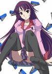  bakemonogatari blue_eyes feet long_hair monogatari_(series) necktie purple_hair ranshin school_uniform senjougahara_hitagi skirt solo stapler stationery thighhighs 