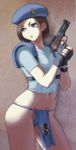  artist_request beret blue_eyes fundoshi gun hat jill_valentine no_pants panties resident_evil short_hair underwear weapon 