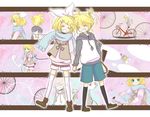  1girl aqua_eyes bicycle blonde_hair brother_and_sister closed_eyes ground_vehicle hair_ornament hair_ribbon hairclip happy holding_hands kagamine_len kagamine_rin rencon ribbon riding scarf short_hair siblings smile thighhighs twins vocaloid 