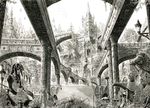  3girls bad_id bad_pixiv_id beige castle cat greyscale highres in_those_days maid mita_mitauzo monochrome multiple_girls scenery traditional_media 