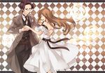  1girl austria_(hetalia) axis_powers_hetalia bare_shoulders brown_hair couple dancing dress earrings flower formal glasses gown happy hetero himuka_roko holding_hands hungary_(hetalia) jewelry long_hair rose tuxedo 