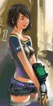  ass black_eyes black_hair bodypaint breasts earrings fallout fallout_3 gauntlets gloves highres jewelry large_breasts lone_wanderer mizumura-ya original pip_boy short_hair short_shorts shorts solo vault_boy 