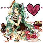  cosmetics fishnet_legwear fishnets garter_belt green_eyes green_hair green_nails hair_brush hatsune_miku headset heart kneeling lipstick_tube long_hair nail_polish nail_polish_bottle sakuragi_kei smile stuffed_animal stuffed_toy tattoo teddy_bear thighhighs twintails very_long_hair vocaloid 