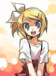  :d alternate_costume alternate_hairstyle bangs blue_eyes blush bow casual hair_bow hair_ornament hairclip kagamine_rin looking_at_viewer negi_(ulog'be) one_side_up open_mouth shirt short_hair short_sleeves smile solo suspenders swept_bangs t-shirt v_arms vocaloid white_bow 