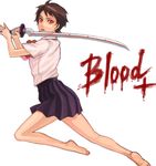  barefoot binky_(knooa_03) blood+ bow brown_hair katana otonashi_saya red_eyes school_uniform short_hair skirt solo sword weapon 