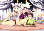  animal_ears barefoot blue_eyes brown_hair cat_ears feet horns multiple_girls ogawa_maiko original red_eyes silver_hair topless 