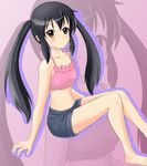  black_hair brown_eyes camisole denim denim_shorts inaton k-on! long_hair midriff nakano_azusa shorts sitting solo twintails zoom_layer 