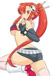  artist_request ass bikini_top blush breasts brown_eyes covered_nipples elbow_gloves fingerless_gloves gloves large_breasts long_hair looking_back ponytail red_hair short_shorts shorts simple_background skull solo source_request tengen_toppa_gurren_lagann thighhighs underboob very_long_hair white_background yoko_littner 