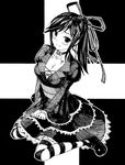  bad_id bad_pixiv_id black_hair breasts choker cleavage collar dress greyscale hair_ribbon highres karube_ponzu large_breasts long_hair love_plus monochrome ponytail ribbon solo striped striped_legwear takane_manaka thighhighs 