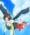  bad_id bad_pixiv_id black_hair black_wings bow camera cloud day detached_sleeves fan hakurei_reimu hat hauchiwa kohraru multiple_girls red_eyes shameimaru_aya short_hair sky tokin_hat touhou wings 