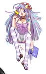  bad_id bad_pixiv_id book eating face feet flelincw food fork hat highres long_hair one_eye_closed patchouli_knowledge purple_eyes purple_hair sketch solo thighhighs touhou 