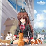  bow box brown_hair bug butterfly cat dinyc flower insect little_busters! long_hair lowres natsume_rin pink_bow plaid plaid_skirt ponytail red_eyes school_uniform skirt solo too_many too_many_cats 