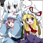  age_regression blonde_hair blue_hair hat konpaku_youmu lolikari marimo_danshaku multiple_girls oversized_clothes purple_eyes purple_hair saigyouji_yuyuko silver_hair touhou yakumo_yukari younger 