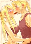  1girl blonde_hair blue_eyes blush earrings edward_elric fullmetal_alchemist jewelry lithiumia long_hair midriff mouth_hold ponytail tank_top winry_rockbell yellow_eyes 