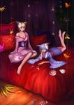  animal_ears barefoot bed blonde_hair blue_eyes blue_hair blue_kimono feet fox_ears gyokuyou japanese_clothes kimono legs mask multiple_girls origami paper_crane pillow pink_kimono print_kimono short_kimono short_yukata tenko_kuugen vinci wagaya_no_oinari-sama yellow_eyes yukata 