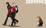  amada_ken aragaki_shinjirou bad_id bad_pixiv_id bandages beanie brown_eyes brown_hair emarijji_makoi hat holding koromaru multiple_boys persona persona_3 sanada_akihiko school_uniform short_hair trench_coat wallpaper white_hair 