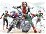  antennae bad_id bad_pixiv_id belt ground_vehicle hurricane_(kamen_rider) kamen_rider kamen_rider_1 kamen_rider_2 kamen_rider_v3 kamen_rider_v3_(series) motor_vehicle motorcycle multiple_boys noshina scarf 