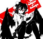  camera hama_chon hat looking_at_viewer monochrome red_eyes shameimaru_aya short_hair solo spot_color thighhighs tokin_hat touhou wings 