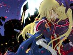  1girl blazblue blonde_hair blood closed_eyes french_kiss gloves gothic_lolita green_eyes jin_kisaragi kiss lolita_fashion long_hair moon moonlight night rachel_alucard red_eyes ribbon twintails uniform 