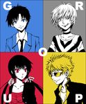  3boys accelerator bad_id bad_pixiv_id blue_background etzali grey_background group(toaru) kuroe_(sugarberry) multiple_boys multiple_monochrome musujime_awaki necktie red_background sunglasses to_aru_majutsu_no_index tsuchimikado_motoharu twintails unabara_mitsuki yellow_background 