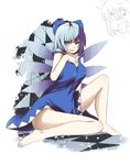  arcadia090 bad_id bad_pixiv_id barefoot blue_eyes blue_hair blue_skirt bow breasts cirno feet large_breasts legs older one_eye_closed short_hair skirt solo strap_slip touhou wings 