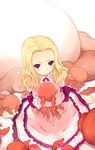  animal animal_hug barefoot blonde_hair dress forehead frown kurasuke object_hug octopus original purple_eyes sitting solo wariza 