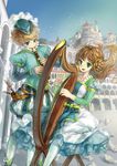  1girl bird blue_eyes brown_hair city dress eternita green_eyes harp hat instrument jane_mere original recorder sitting 