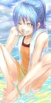  anklet barefoot blue_hair copyright_request fangs feet grin highres inumaro_(inugoro) jewelry one_eye_closed ponytail smile solo teeth water yellow_eyes 
