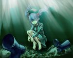  barefoot blue_eyes blue_hair boots feet hair_bobbles hair_ornament hat kawashiro_nitori key seisetu short_hair solo tears touhou twintails two_side_up underwater wet wet_clothes 