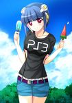  bad_id bad_pixiv_id blue_hair casual dream_c_club dream_c_club_(series) food hatiware ili_(dream_c_club) panties popsicle red_eyes short_hair solo underwear watermelon_bar 