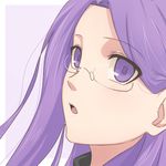  blush face fate/stay_night fate_(series) free-da glasses lowres open_mouth portrait purple_eyes purple_hair rider solo 