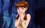  animated animated_gif breasts brown_eyes brown_hair cleavage cleavage_cutout crop_top front-tie_top halterneck hands large_breasts midriff open_mouth sad solo tears twintails viper viper_rsr 