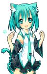  alternate_hair_length alternate_hairstyle animal_ears aqua_eyes aqua_hair bad_id bad_pixiv_id cat_ears cat_tail child detached_sleeves hatsune_miku kemonomimi_mode necktie open_mouth paw_print shirokitsune short_hair skirt solo tail thighhighs vocaloid younger 