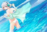  artist_request ass bikini copyright_request day digital_media_player dutch_angle headphones jacket looking_back non-web_source red_eyes short_hair silver_hair solo swimsuit wading water 