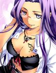  belt breasts cleavage downblouse fate/stay_night fate_(series) glasses hand_in_hair jewelry kiri_nada large_breasts long_hair midriff navel necklace purple_eyes purple_hair rider solo tattoo 