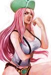  breasts cleavage hat jewelry_bonney lack large_breasts long_hair midriff one_piece pink_hair solo suspenders 
