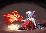  akitsuki_itsuki arm_support bow bug butterfly fire fujiwara_no_mokou hair_bow hair_ribbon insect long_hair red_eyes ribbon silver_hair sitting solo suspenders touhou 