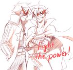  cape english kamina kamina_shades lowres male_focus monochrome multiple_boys pink red rikko_(peso) sarashi simon star_shades tengen_toppa_gurren_lagann 