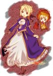  ahoge artoria_pendragon_(all) bad_id bad_pixiv_id blonde_hair bukiko chibi dress fate/stay_night fate/tiger_colosseum fate_(series) food highres meat multiple_girls saber saber_lion 