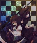  ana_(rznuscrf) back-to-back black_rock_shooter brown_hair checkered curly_hair dead_master dual_persona green_eyes highres holding holding_scythe horns multiple_girls school_uniform scythe takanashi_yomi 