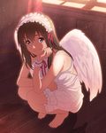  angel_wings bare_shoulders barefoot blue_eyes brown_hair chin_rest dress feathered_wings long_hair looking_at_viewer maid_headdress official_art ribbon shimada_mayu smile solo squatting wake_up_girls! wake_up_girls!_stage_no_tenshi white_dress wings wooden_floor 