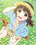  :d blush boots brown_eyes brown_hair field floral_print flower flower_field from_above head_wreath katayama_minami long_hair looking_at_viewer official_art open_mouth sitting skirt smile solo wake_up_girls! wake_up_girls!_stage_no_tenshi wariza wind wreath 