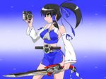  alternate_color belt blue_ribbon bow brown_eyes brown_hair gaia_memory hair_ribbon hakurei_reimu henshin henshin_pose kamen_rider kamen_rider_accel kamen_rider_w miniskirt parody player_2 ponytail pose ribbon skirt solo sword touhou tsukushi_(741789) weapon white_sleeves 