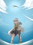  belt bird blue_sky cane cloud day jandare marine_benefit minazuki_tsubame ocean short_hair skirt sky standing standing_on_liquid sun swallow touhou vest white_hair yellow_eyes 