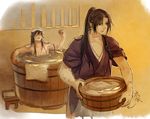  bath bathtub black_hair bucket chongning hijikata_toshizou izumi-no-kami_kanesada long_hair male_focus multiple_boys ponytail touken_ranbu towel wooden_bathtub wooden_bucket wooden_floor wooden_wall 